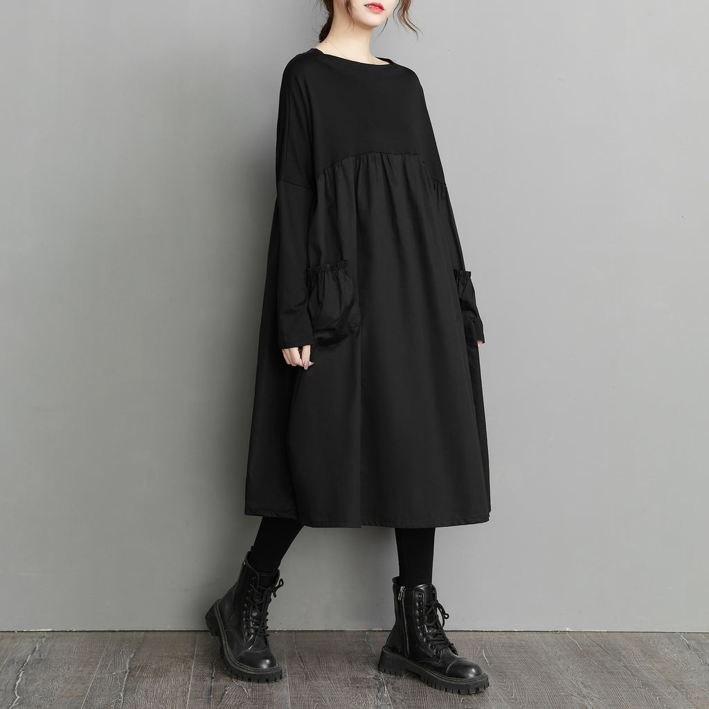 2023 Spring New Stitching High Waist Doll Black Loose Retro Large Size Women's Long Sleeve Dress