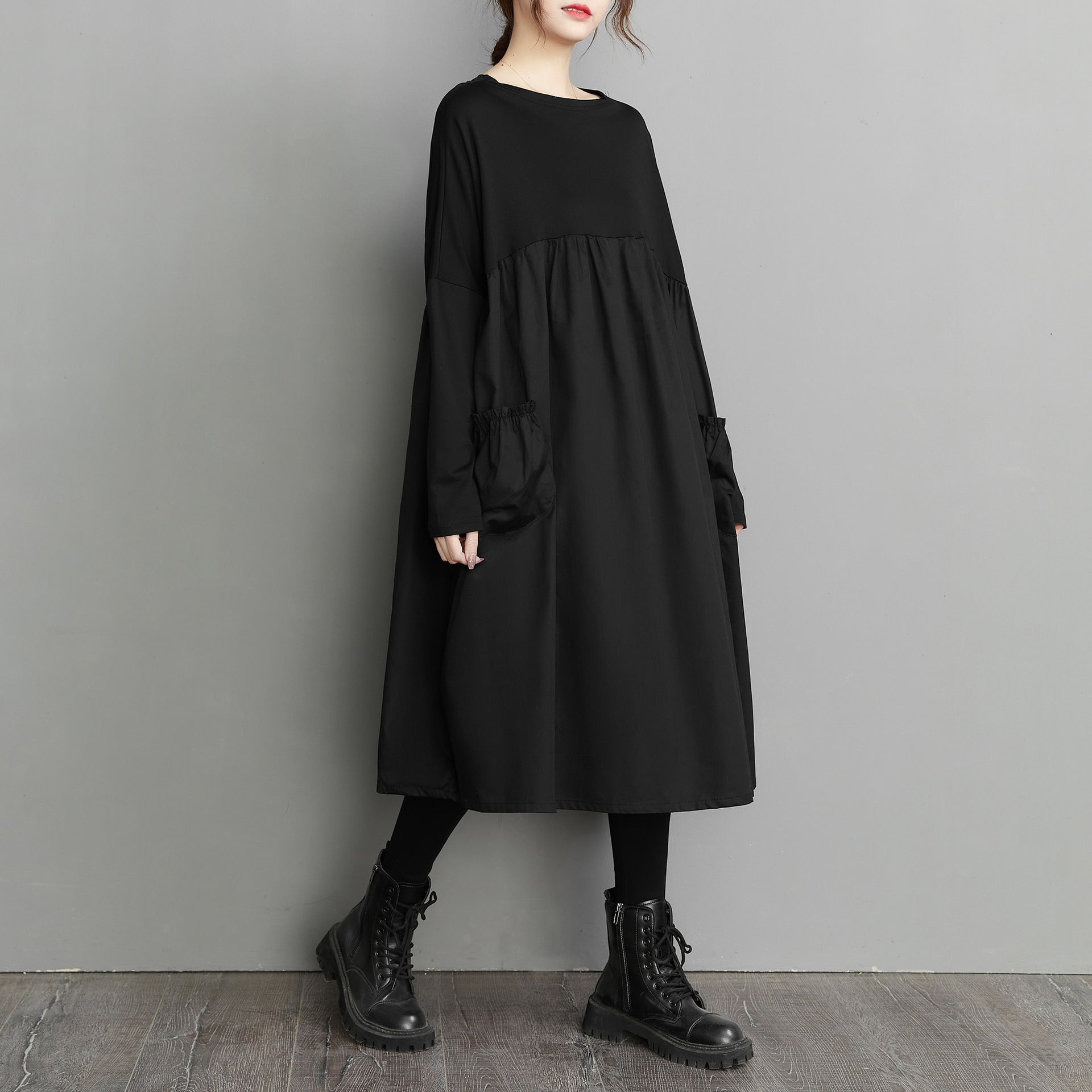2023 Spring New Stitching High Waist Doll Black Loose Retro Large Size Women's Long Sleeve Dress