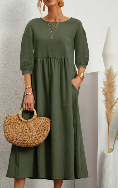 2022 New Women's Casual Solid Color Fashion Lantern Sleeve Loose Cotton and Linen Pocket Dress Ready in Stock