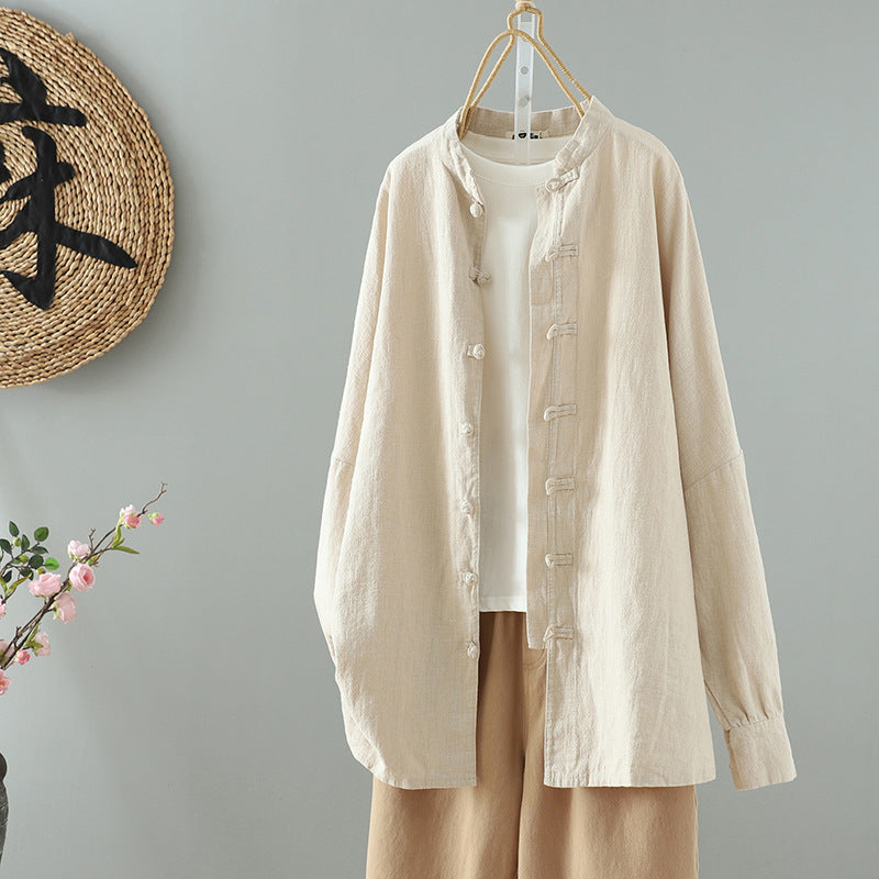 Real pictures 2025 new Chinese style design retro buckle chic cotton and linen tea clothing niche women's national style long sleeve coat