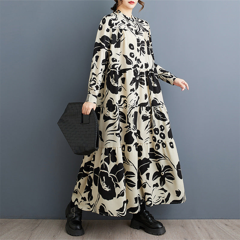 2025 Spring and Autumn New Loose plus size Women's Crewneck Long Sleeve Loose Large Swing Artistic Retro Foreign Trade dress