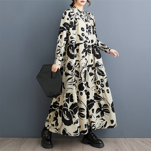2025 Spring and Autumn New Loose plus size Women's Crewneck Long Sleeve Loose Large Swing Artistic Retro Foreign Trade dress