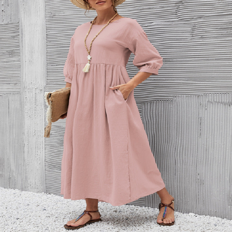 2022 New Women's Casual Solid Color Fashion Lantern Sleeve Loose Cotton and Linen Pocket Dress Ready in Stock