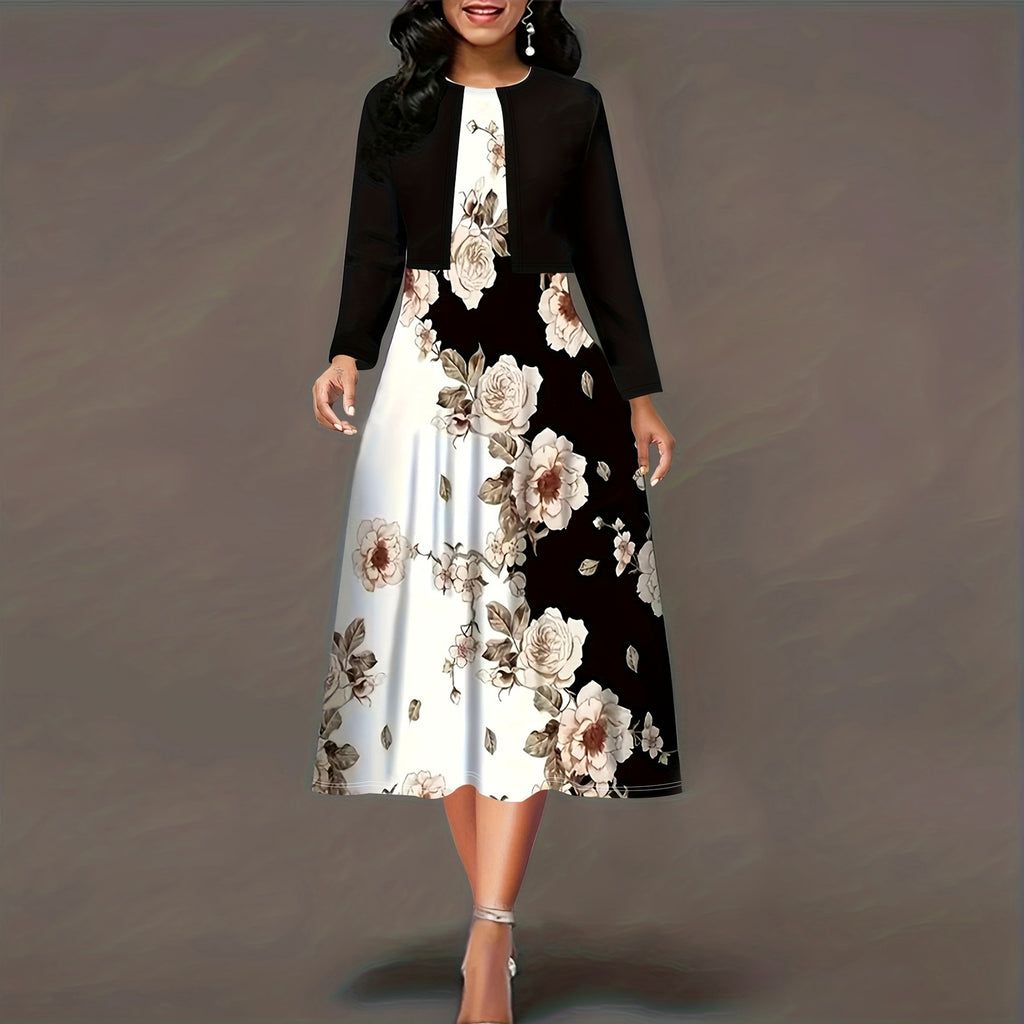 European and American Amazon Autumn and Winter Women's Vest dress Cardigan Two-piece Flower Print Crewneck Mid-length Dress suit