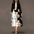 European and American Amazon Autumn and Winter Women's Vest dress Cardigan Two-piece Flower Print Crewneck Mid-length Dress suit