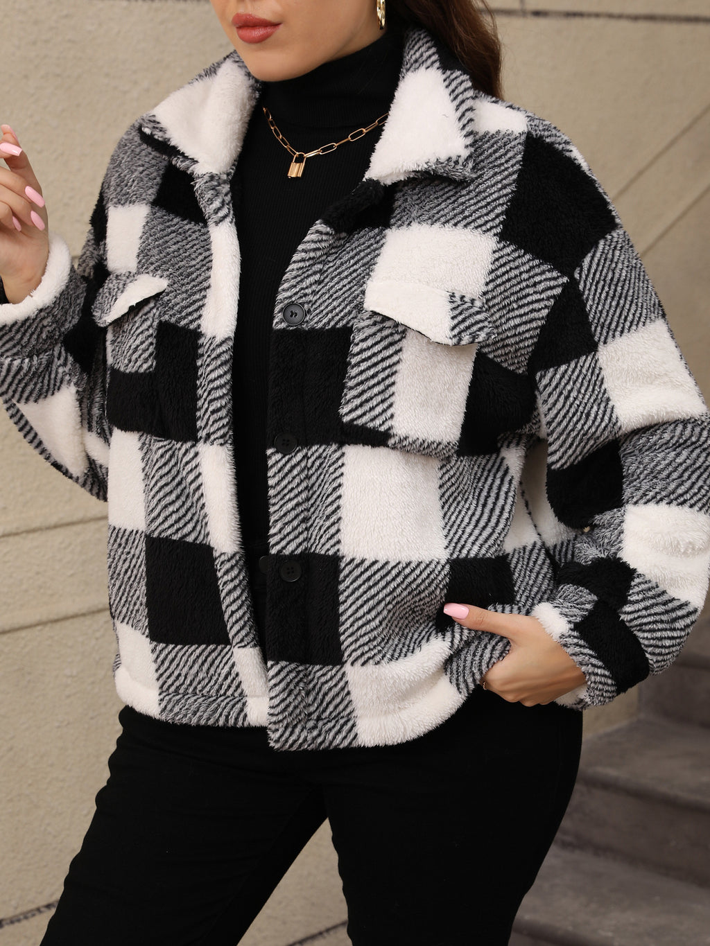 European and American Plus Size Women's Thickened Double-Sided Plush Plaid Single-Breasted Lapel Jacket