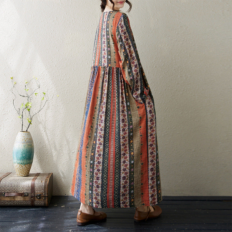 2025 Spring and Autumn Artistic Vintage Printed Loose Slimming plus size Women's Long Round Neck Long Sleeve dress Women