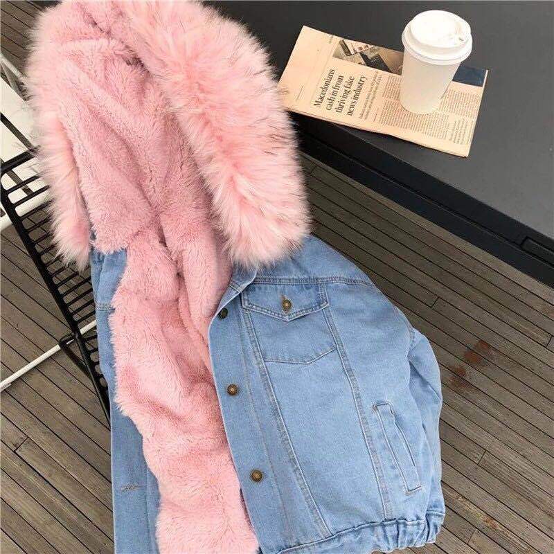 2026 Autumn/Winter New Korean Style Fleece-Lined Thick Harajuku Lamb Wool Denim Jacket for Women with Large Fur Collar Versatile Cotton Coat
