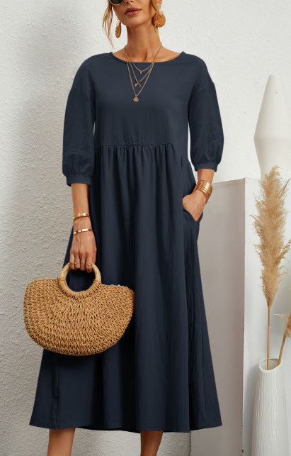2022 New Women's Casual Solid Color Fashion Lantern Sleeve Loose Cotton and Linen Pocket Dress Ready in Stock
