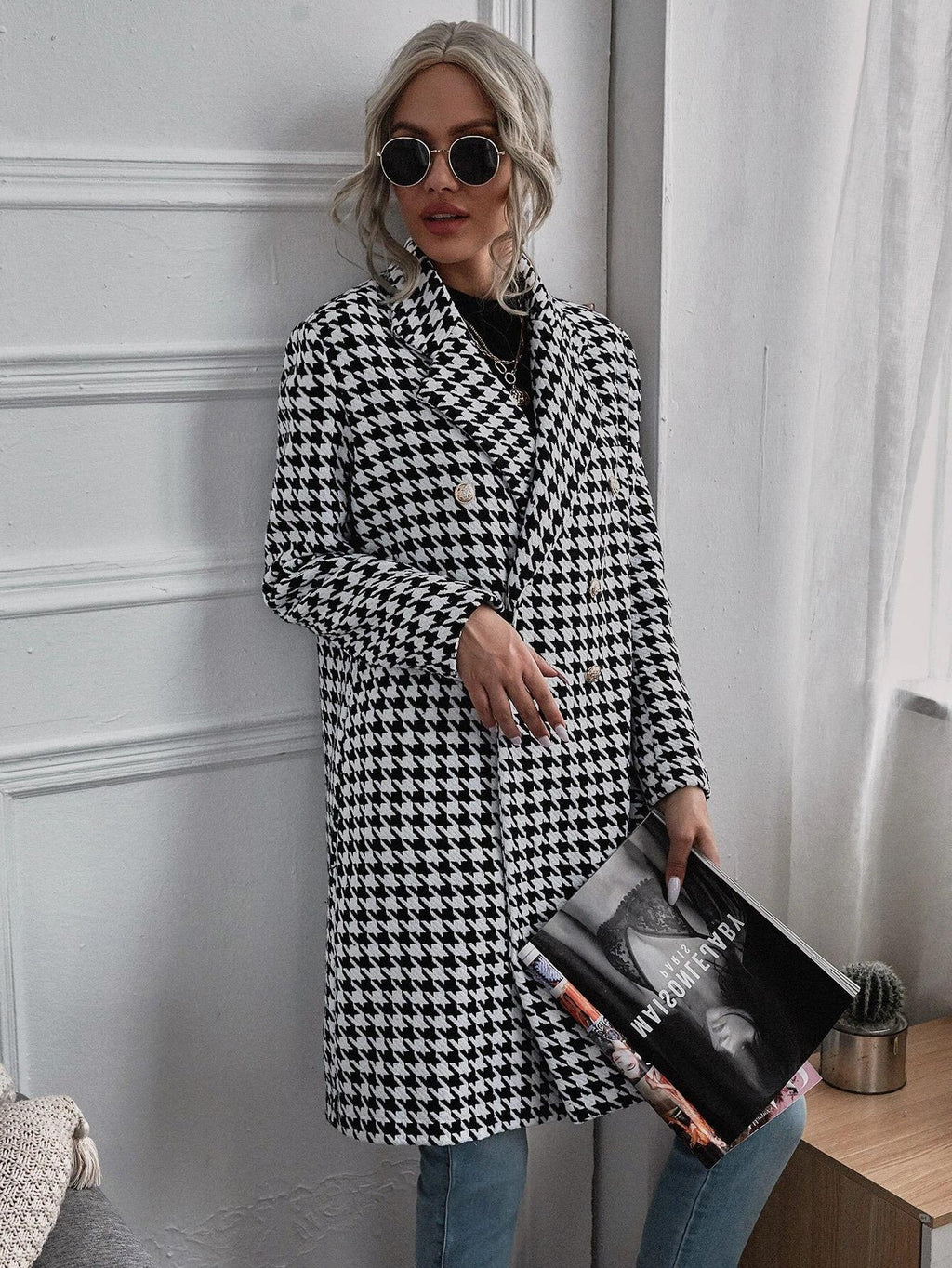 2023 Autumn and Winter Cross-Border Women's Clothing New Amazon European and American Export Fashion Houndstooth Printed Long Woolen Outwear