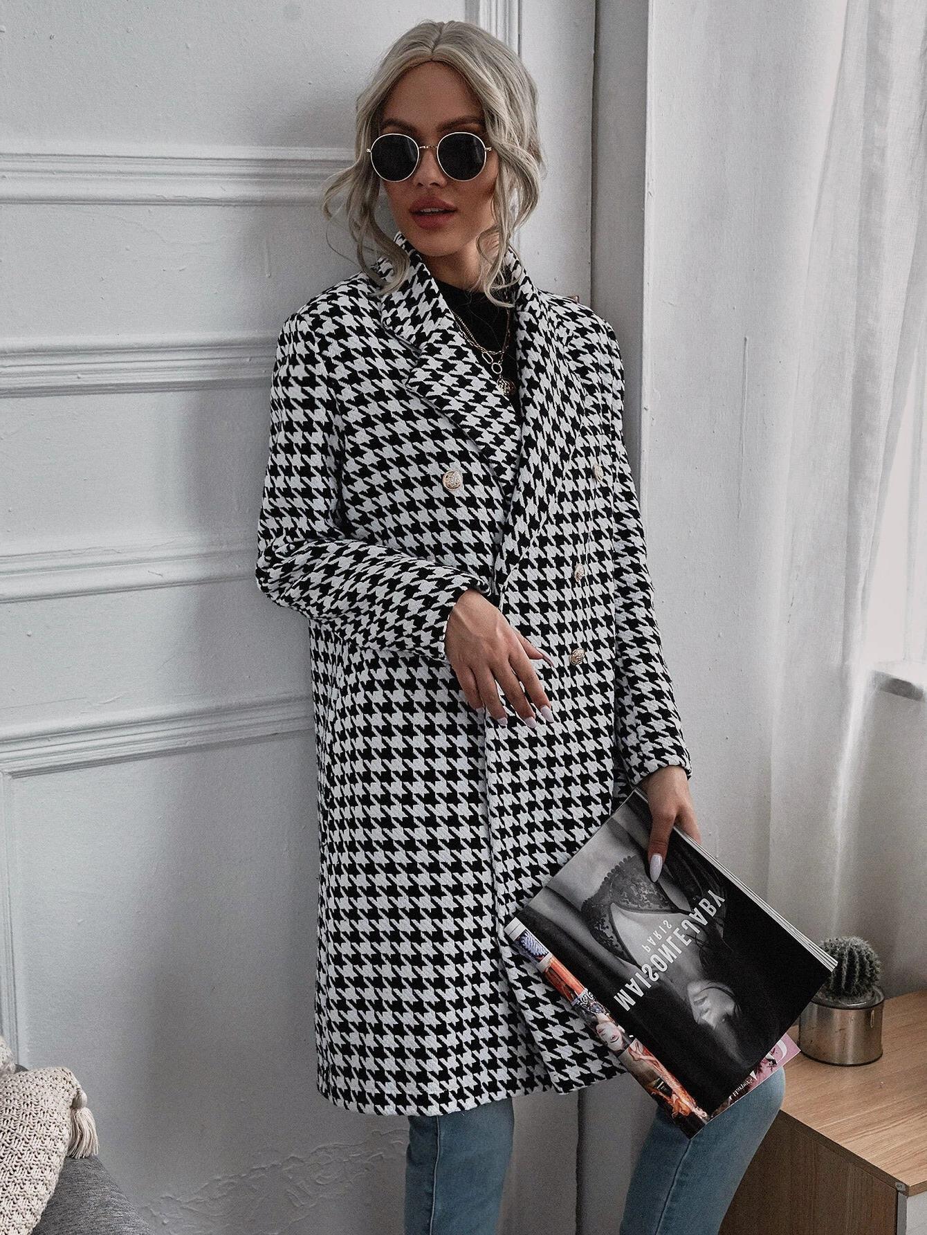 2023 Autumn and Winter Cross-Border Women's Clothing New Amazon European and American Export Fashion Houndstooth Printed Long Woolen Outwear
