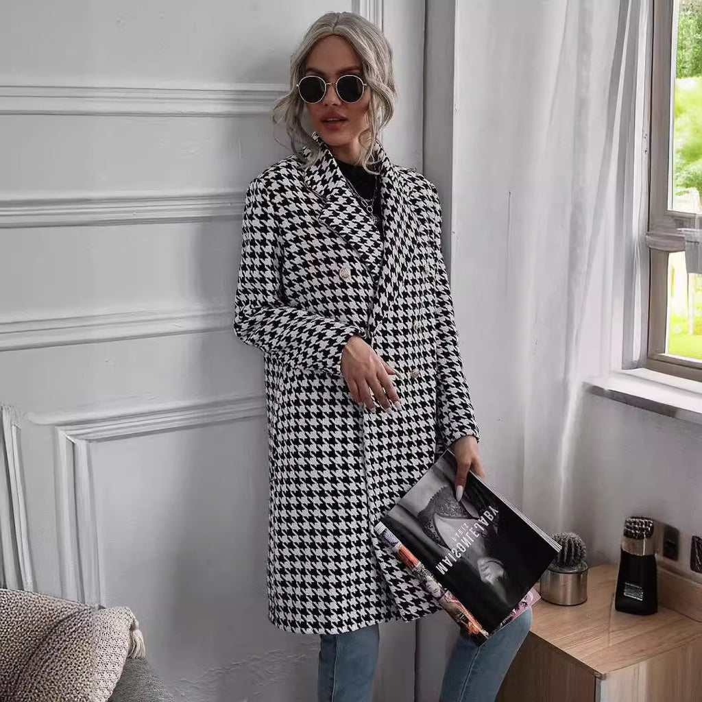 2023 Autumn and Winter Cross-Border Women's Clothing New Amazon European and American Export Fashion Houndstooth Printed Long Woolen Outwear