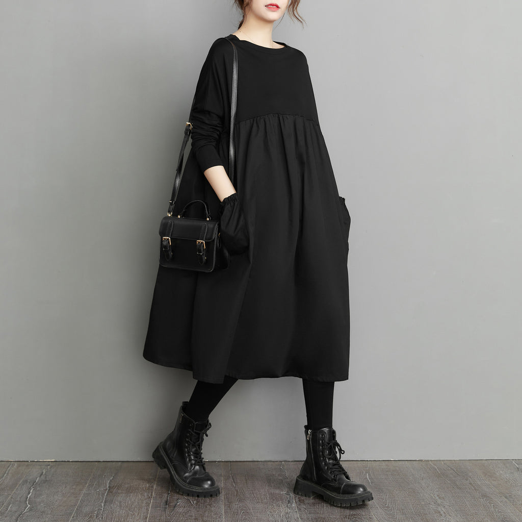 2023 Spring New Stitching High Waist Doll Black Loose Retro Large Size Women's Long Sleeve Dress