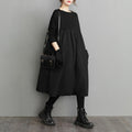 2023 Spring New Stitching High Waist Doll Black Loose Retro Large Size Women's Long Sleeve Dress