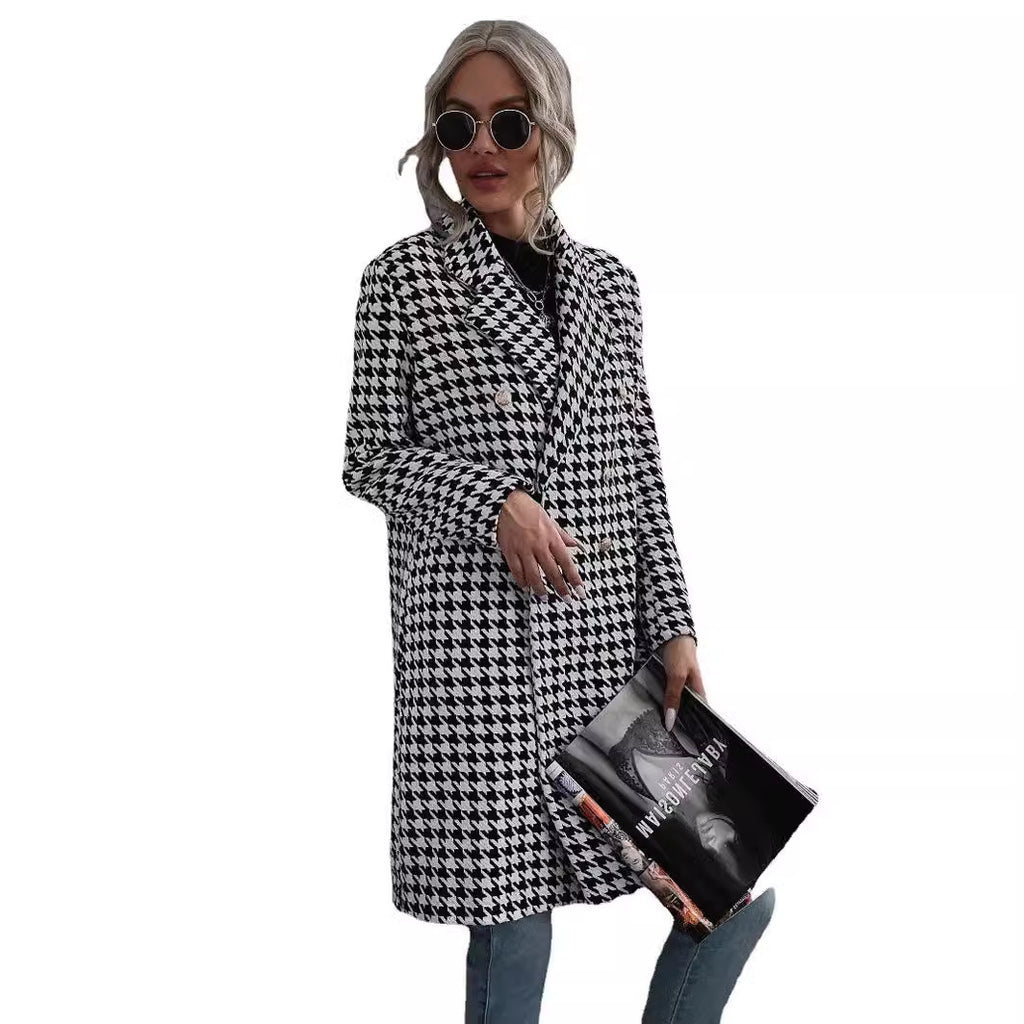 2023 Autumn and Winter Cross-Border Women's Clothing New Amazon European and American Export Fashion Houndstooth Printed Long Woolen Outwear