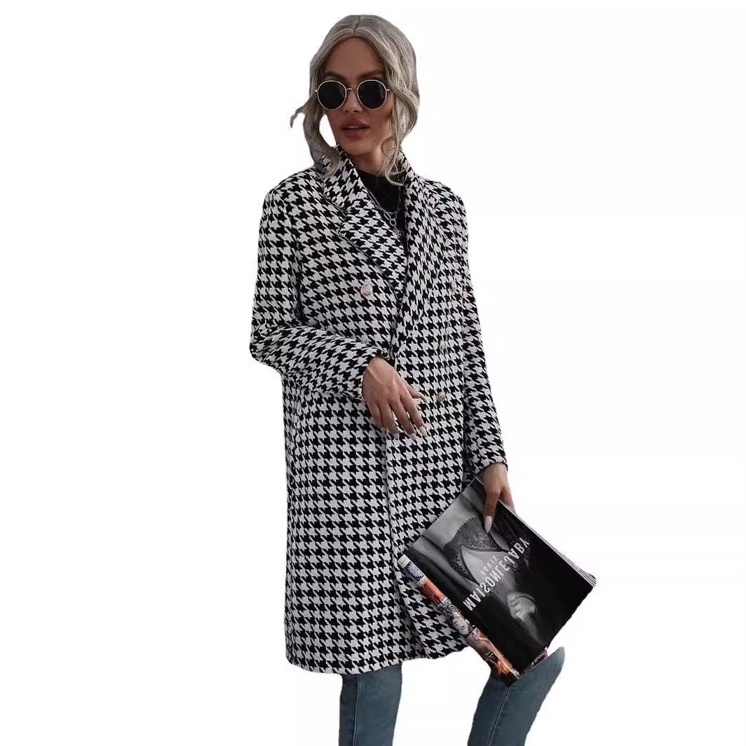 2023 Autumn and Winter Cross-Border Women's Clothing New Amazon European and American Export Fashion Houndstooth Printed Long Woolen Outwear