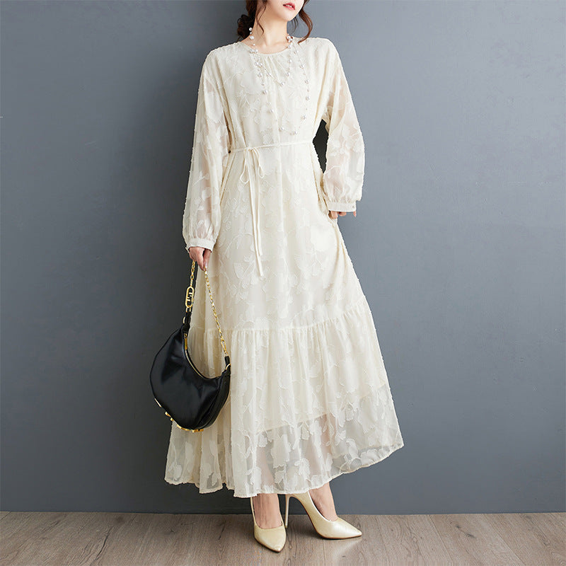 Plus-Size Women's Clothing 2026 Autumn Collection Loose Retro Jacquard Patchwork Lantern Sleeve Elegant Ruffled Double-Layer Dress