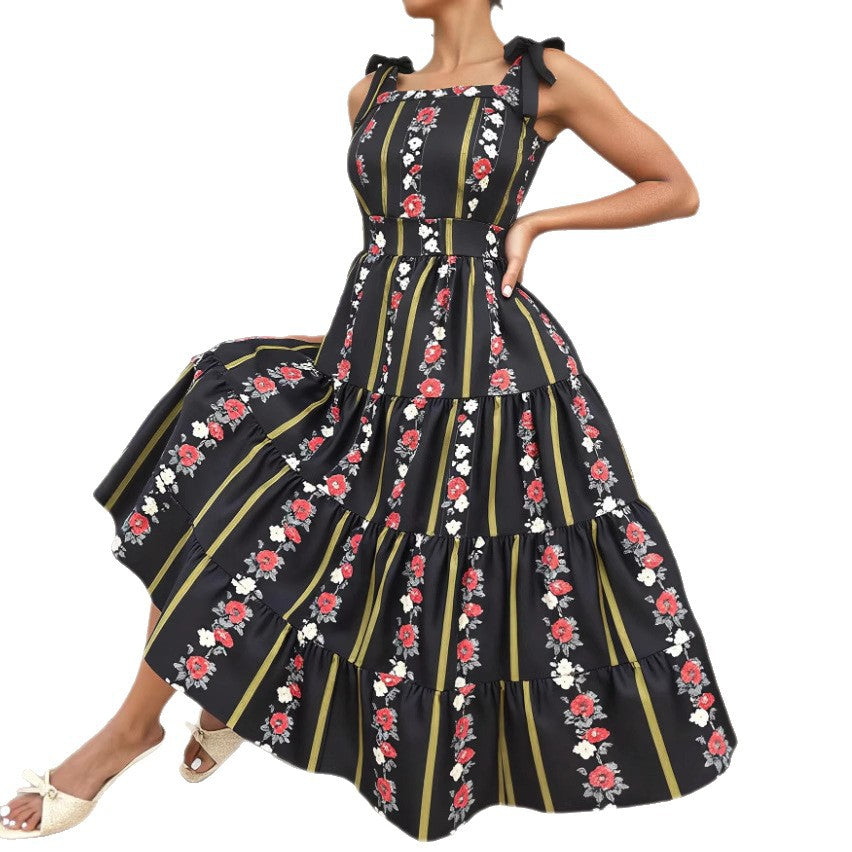 Temu Plus-Size European and American Cross-Border French Retro Summer Fashion Elegant Printed Dress with Waist-Cinching Design in Extra Large Size