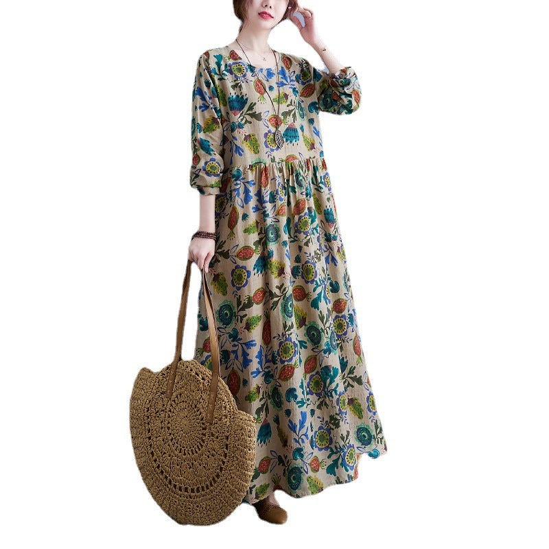 Autumn New printed dress plus size women's long sleeve round neck long A- line