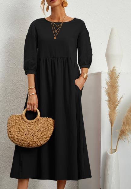 2022 New Women's Casual Solid Color Fashion Lantern Sleeve Loose Cotton and Linen Pocket Dress Ready in Stock