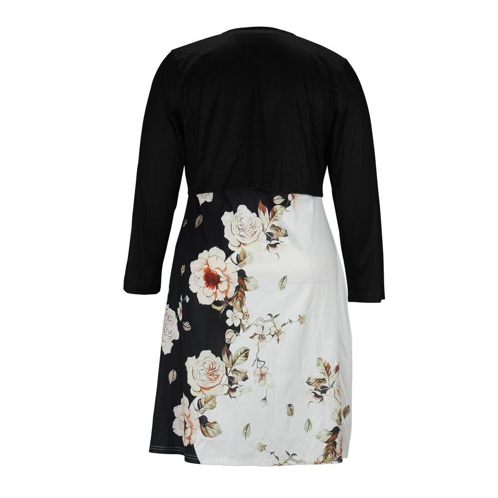 European and American Amazon Autumn and Winter Women's Vest dress Cardigan Two-piece Flower Print Crewneck Mid-length Dress suit