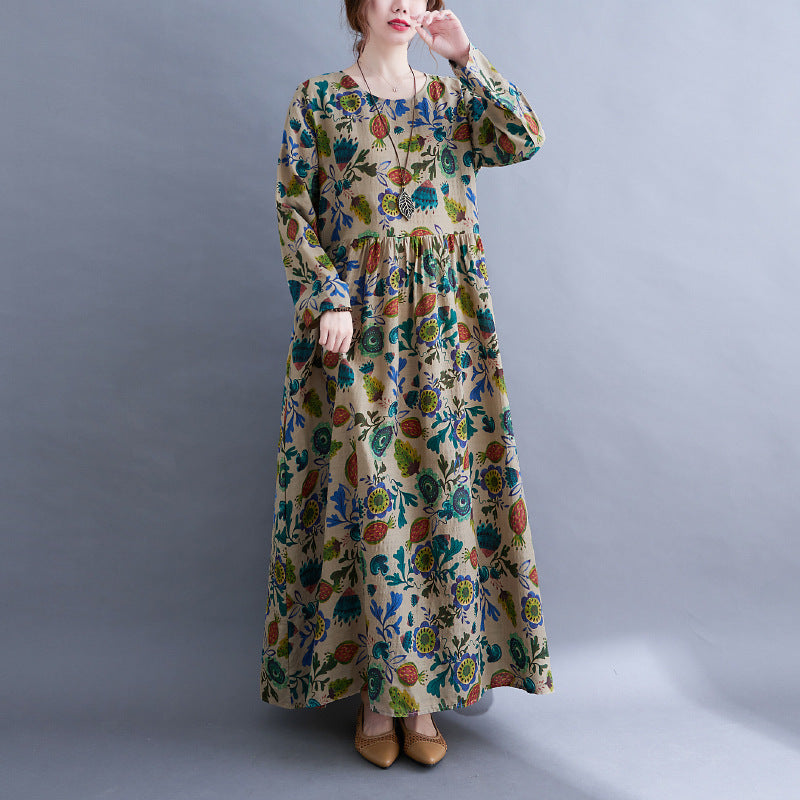 Autumn New printed dress plus size women's long sleeve round neck long A- line
