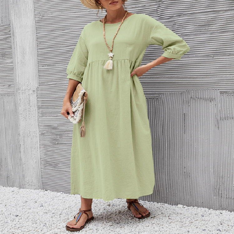 2022 New Women's Casual Solid Color Fashion Lantern Sleeve Loose Cotton and Linen Pocket Dress Ready in Stock