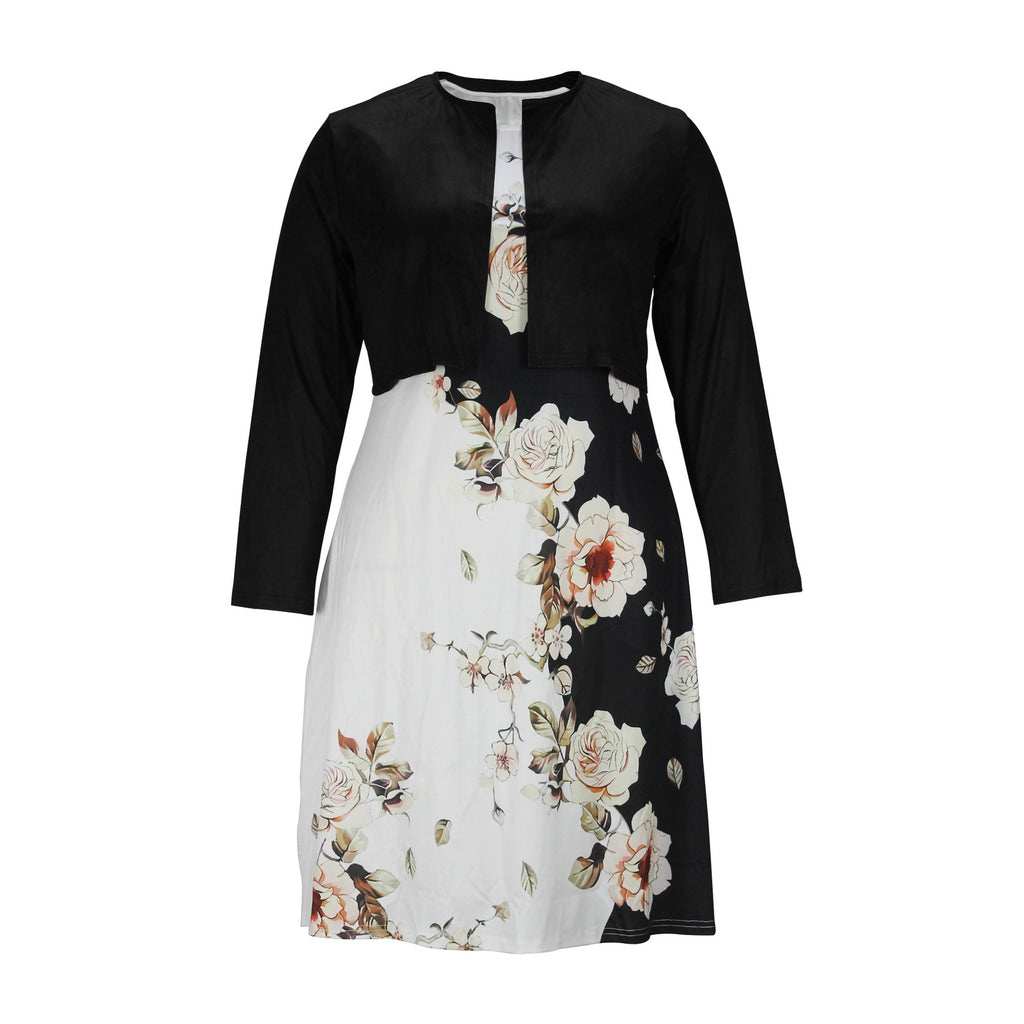 European and American Amazon Autumn and Winter Women's Vest dress Cardigan Two-piece Flower Print Crewneck Mid-length Dress suit