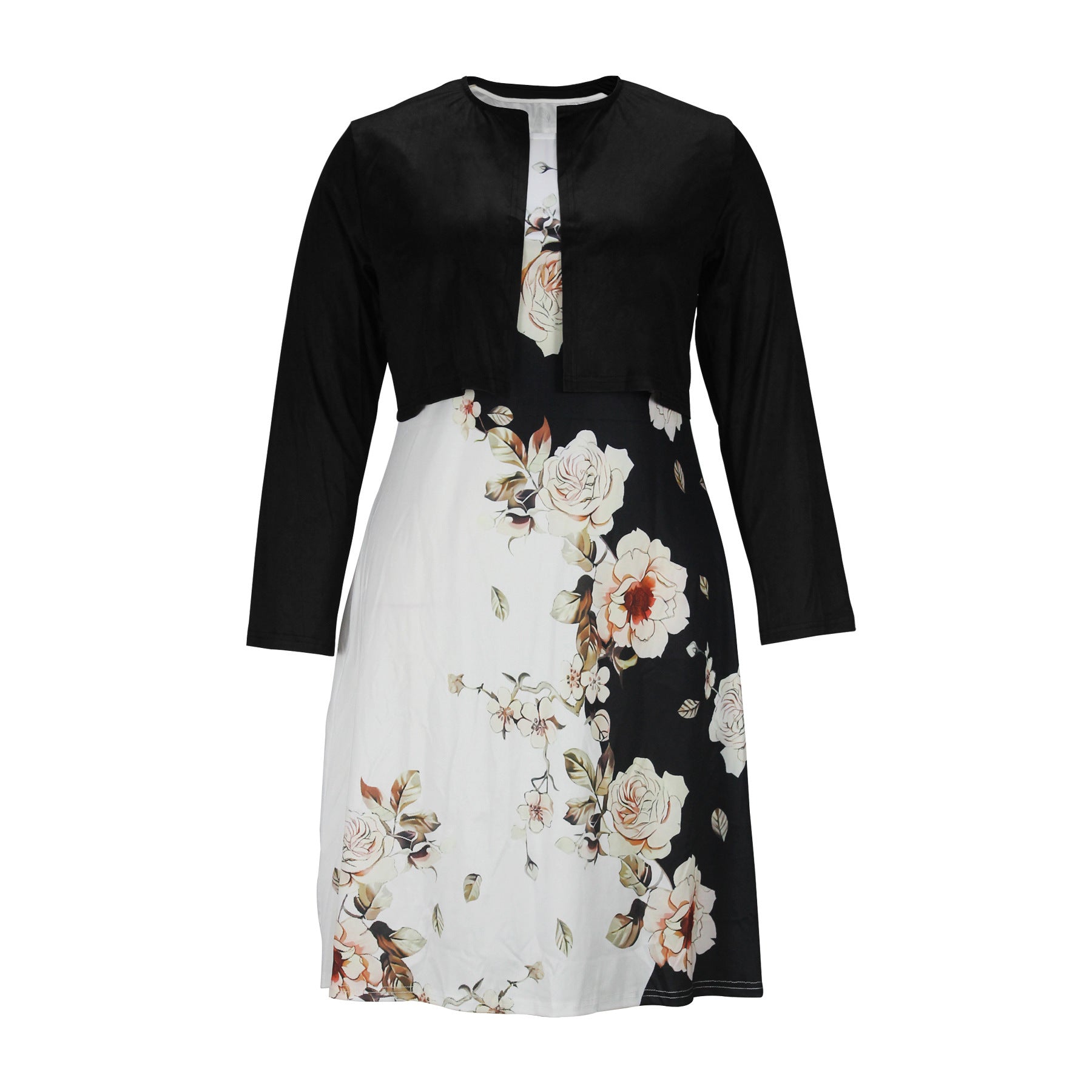 European and American Amazon Autumn and Winter Women's Vest dress Cardigan Two-piece Flower Print Crewneck Mid-length Dress suit