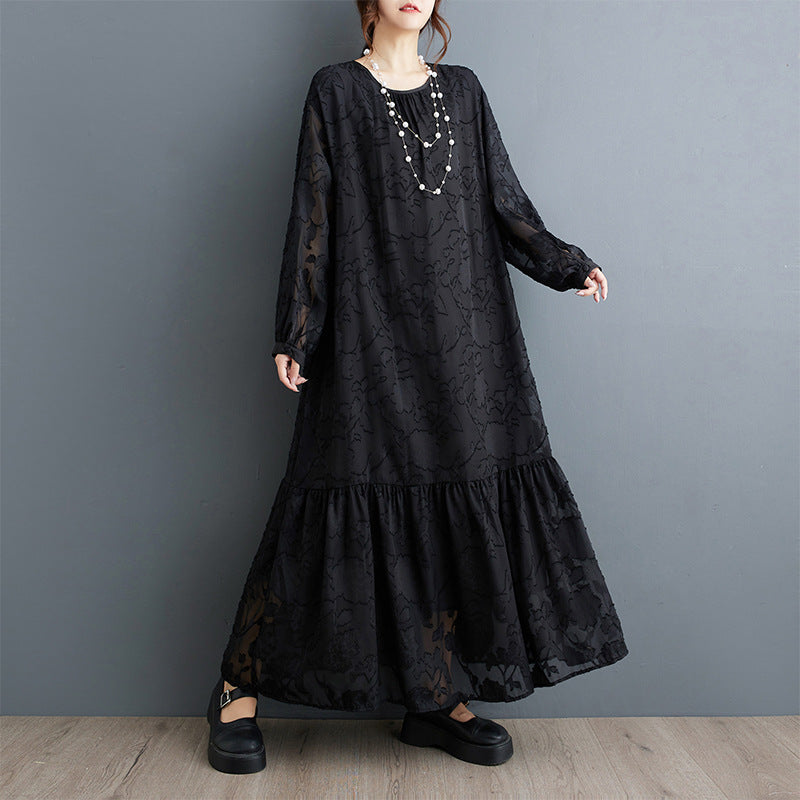 Plus-Size Women's Clothing 2026 Autumn Collection Loose Retro Jacquard Patchwork Lantern Sleeve Elegant Ruffled Double-Layer Dress