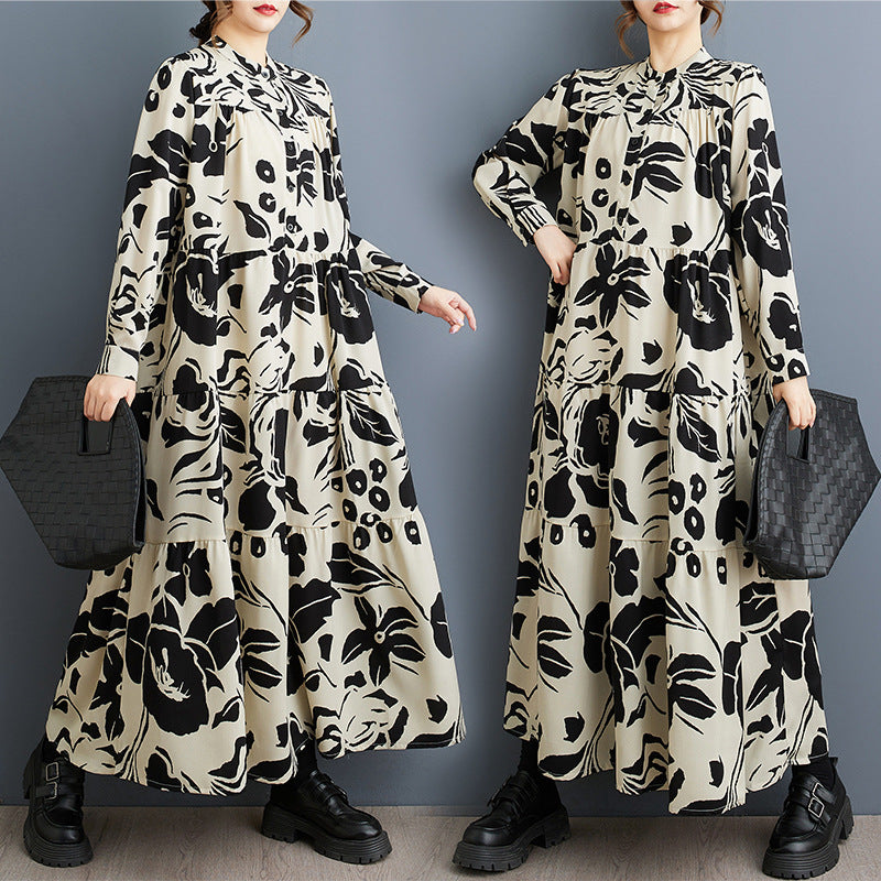 2025 Spring and Autumn New Loose plus size Women's Crewneck Long Sleeve Loose Large Swing Artistic Retro Foreign Trade dress