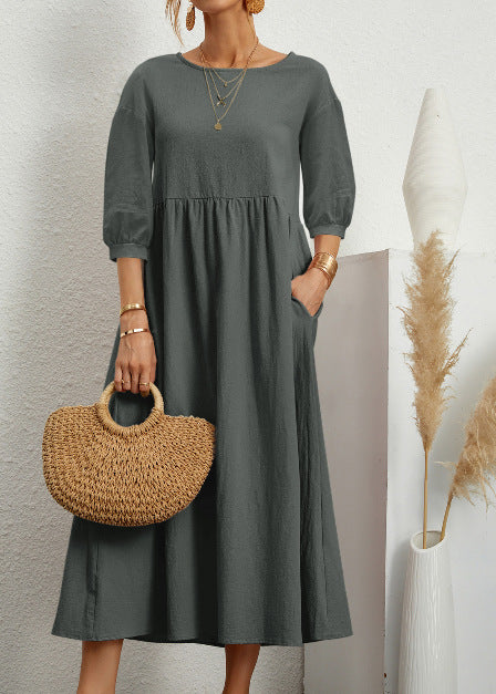 2022 New Women's Casual Solid Color Fashion Lantern Sleeve Loose Cotton and Linen Pocket Dress Ready in Stock