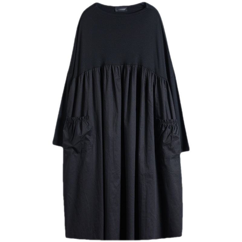 2023 Spring New Stitching High Waist Doll Black Loose Retro Large Size Women's Long Sleeve Dress
