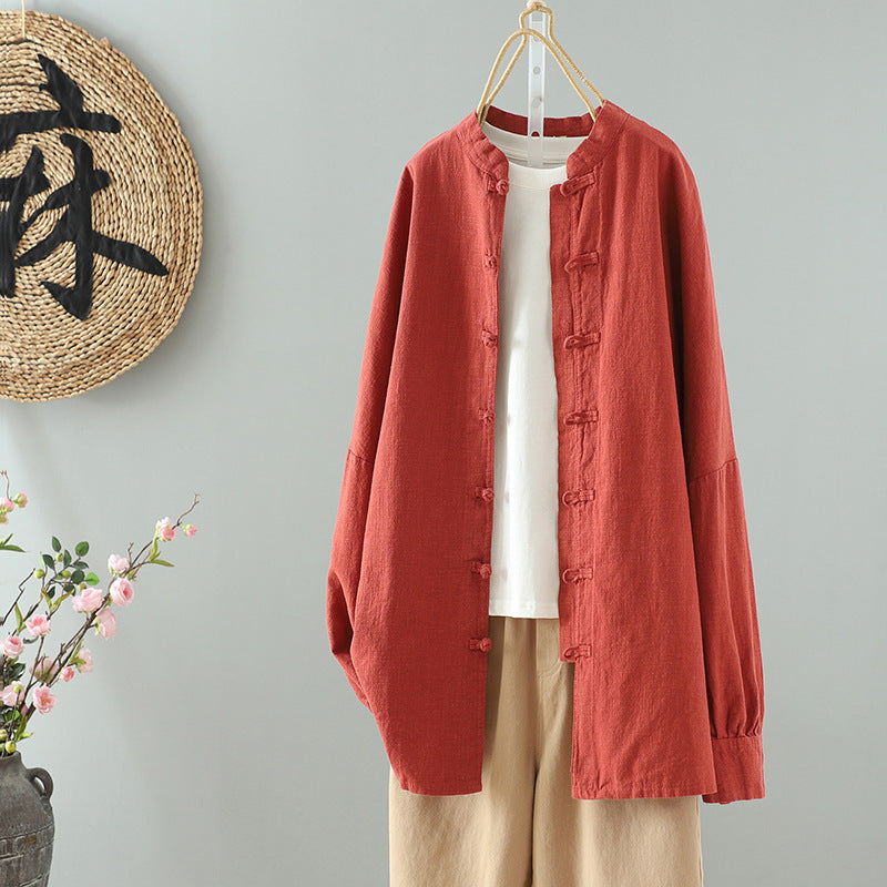 Real pictures 2025 new Chinese style design retro buckle chic cotton and linen tea clothing niche women's national style long sleeve coat