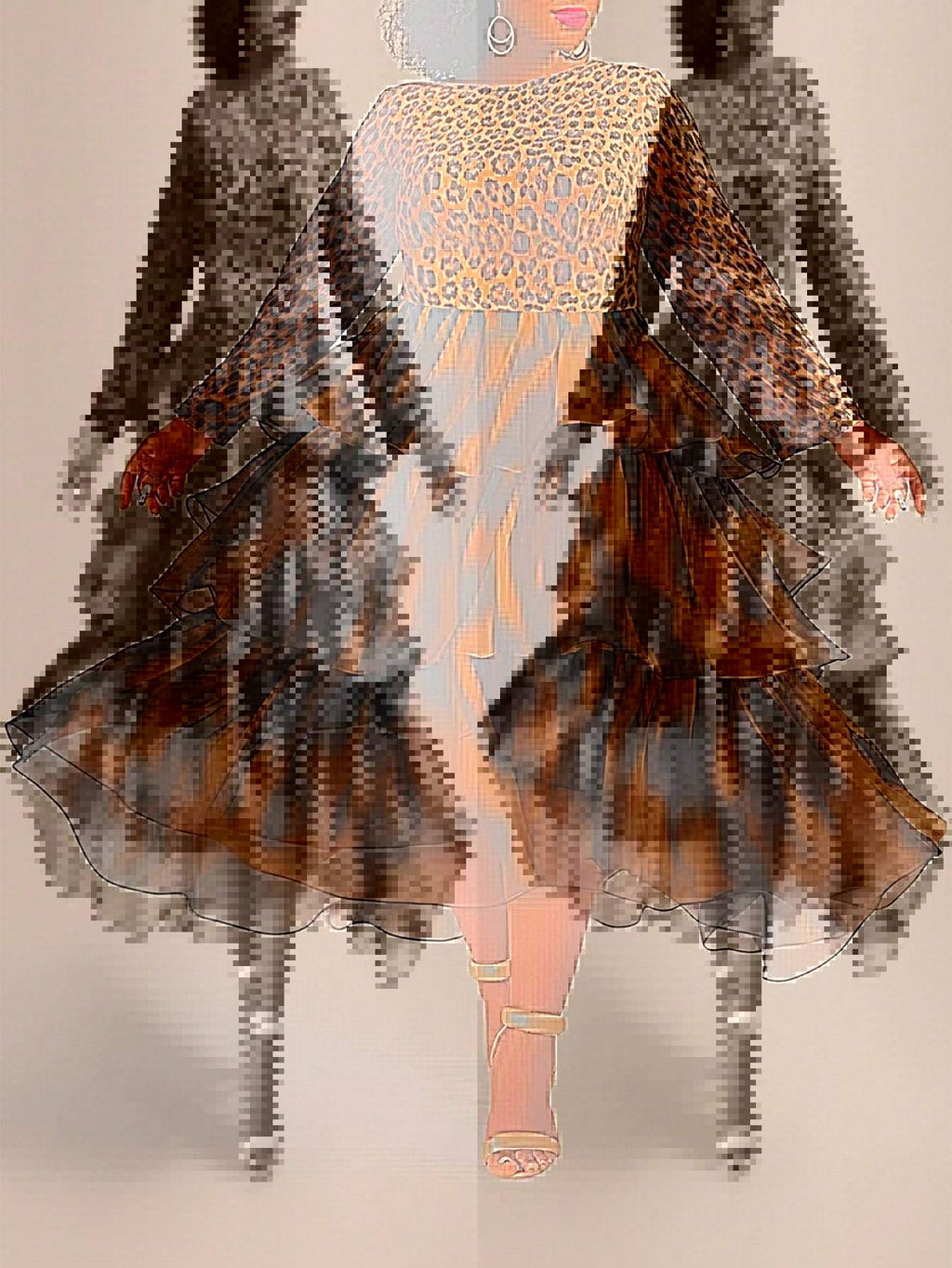 Cross-border Amazon European and American Spring and Autumn Women's Fashion Elegant Leopard Print Cake Skirt plus size Long Sleeve dress