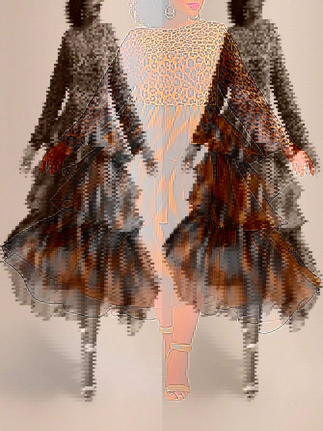Cross-border Amazon European and American Spring and Autumn Women's Fashion Elegant Leopard Print Cake Skirt plus size Long Sleeve dress