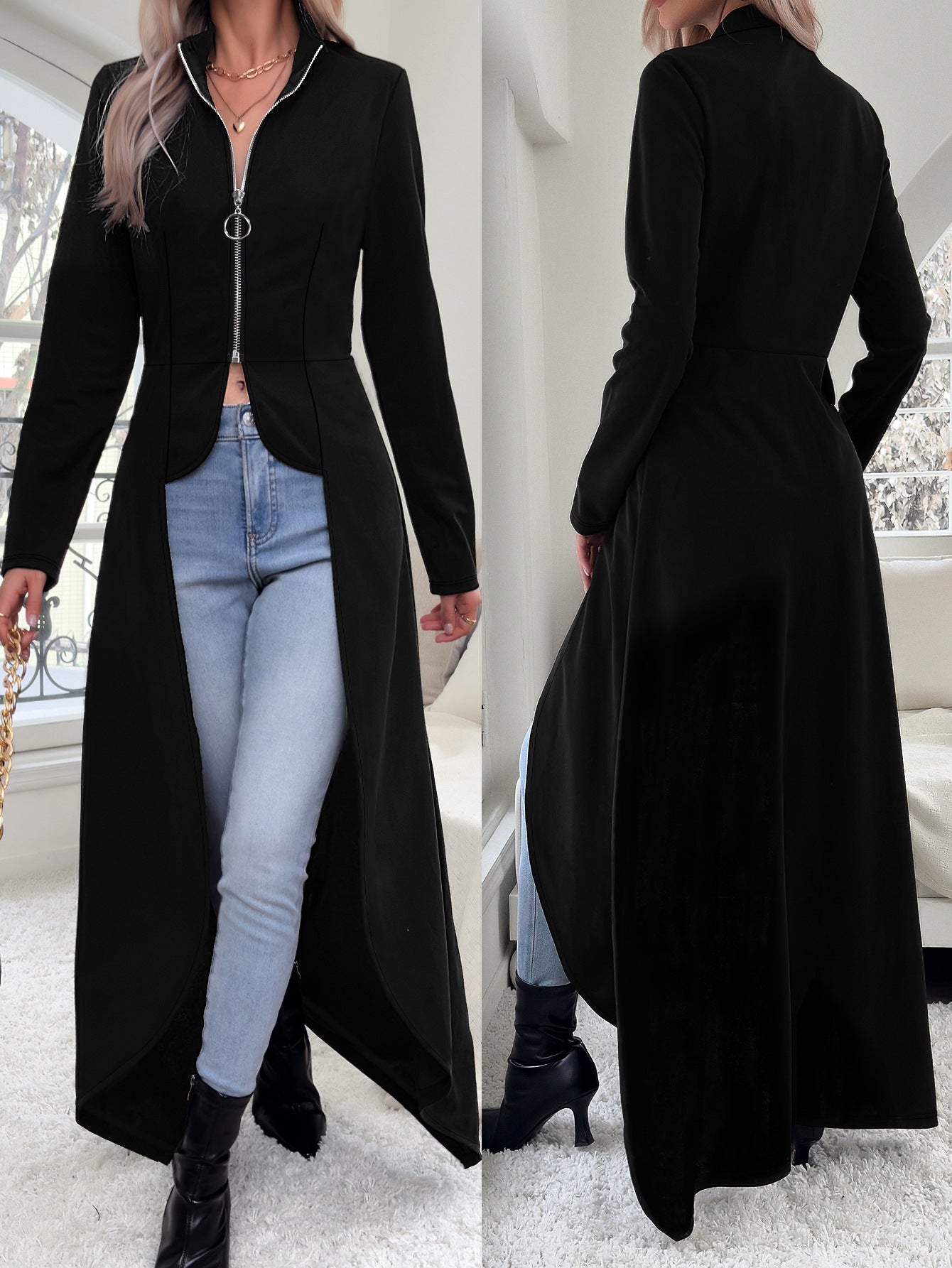 Cross-border Amazon Spring and Autumn Women's Zipper Placket Long Sleeve Front Short Back Long plus size dress