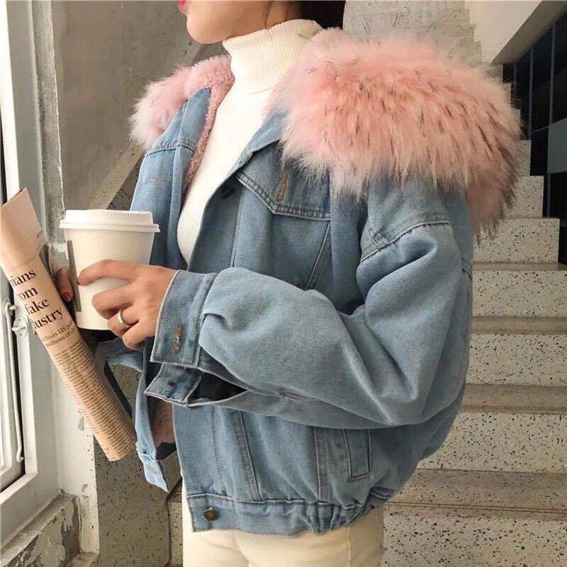 2026 Autumn/Winter New Korean Style Fleece-Lined Thick Harajuku Lamb Wool Denim Jacket for Women with Large Fur Collar Versatile Cotton Coat