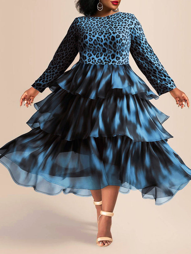 Cross-border Amazon European and American Spring and Autumn Women's Fashion Elegant Leopard Print Cake Skirt plus size Long Sleeve dress