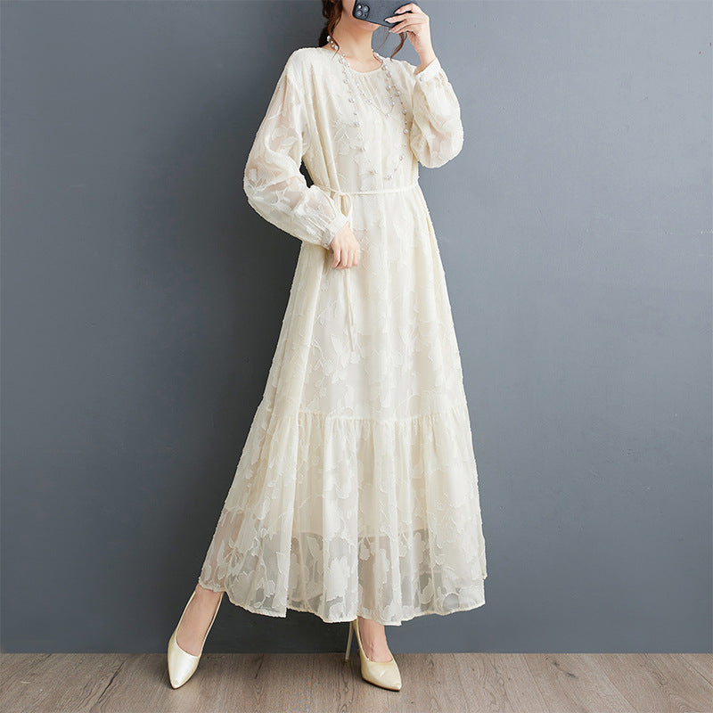 Plus-Size Women's Clothing 2026 Autumn Collection Loose Retro Jacquard Patchwork Lantern Sleeve Elegant Ruffled Double-Layer Dress
