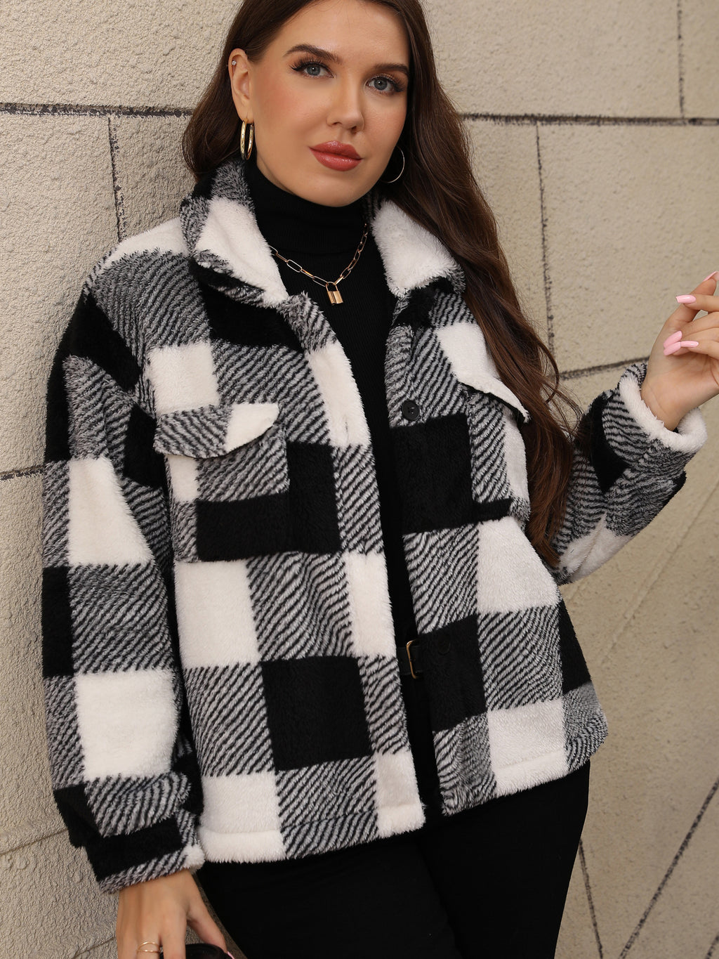European and American Plus Size Women's Thickened Double-Sided Plush Plaid Single-Breasted Lapel Jacket