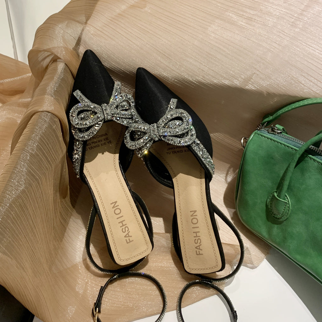2024 Spring/Summer Viscose Pointed Toe Ready-To-Ship Bow Pointed Toe Solid Color Casual Low-Cut Stiletto Black Fashion Sandals