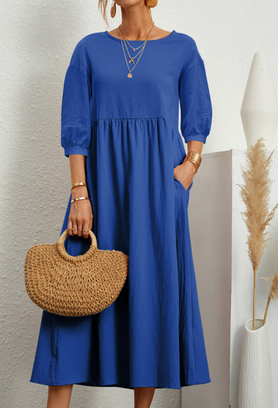 2022 New Women's Casual Solid Color Fashion Lantern Sleeve Loose Cotton and Linen Pocket Dress Ready in Stock