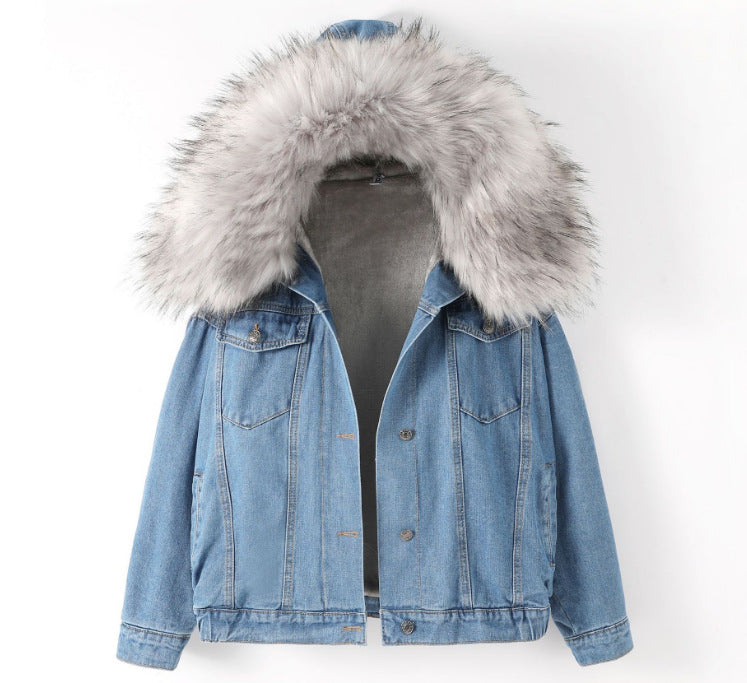 2026 Autumn/Winter New Korean Style Fleece-Lined Thick Harajuku Lamb Wool Denim Jacket for Women with Large Fur Collar Versatile Cotton Coat