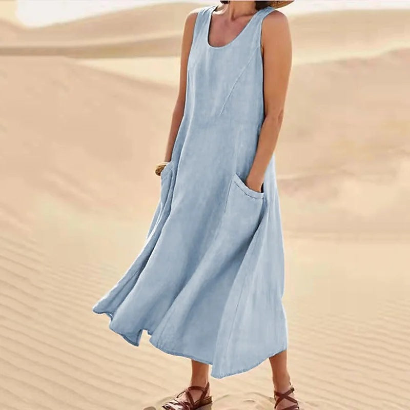 New Product in Stock Wish Aliexpress Amazon Independent Station Sleeveless Plus Flap Pocket Pants Pure Color Cotton and Linen Midi Dress