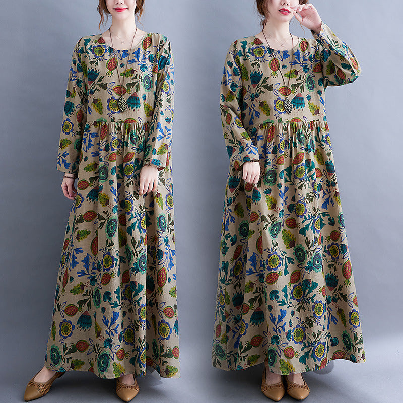 Autumn New printed dress plus size women's long sleeve round neck long A- line
