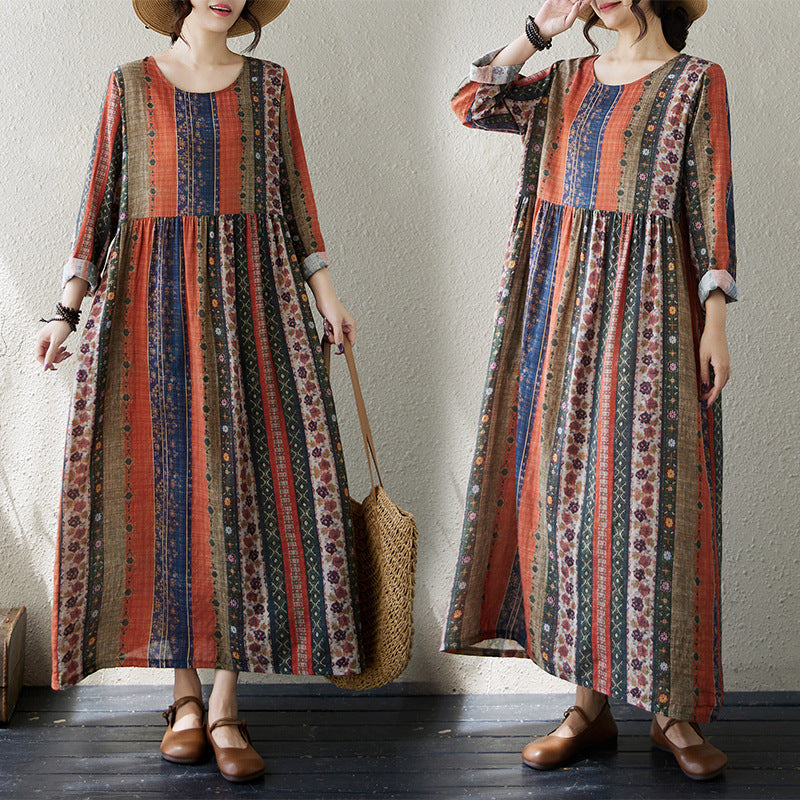 2025 Spring and Autumn Artistic Vintage Printed Loose Slimming plus size Women's Long Round Neck Long Sleeve dress Women