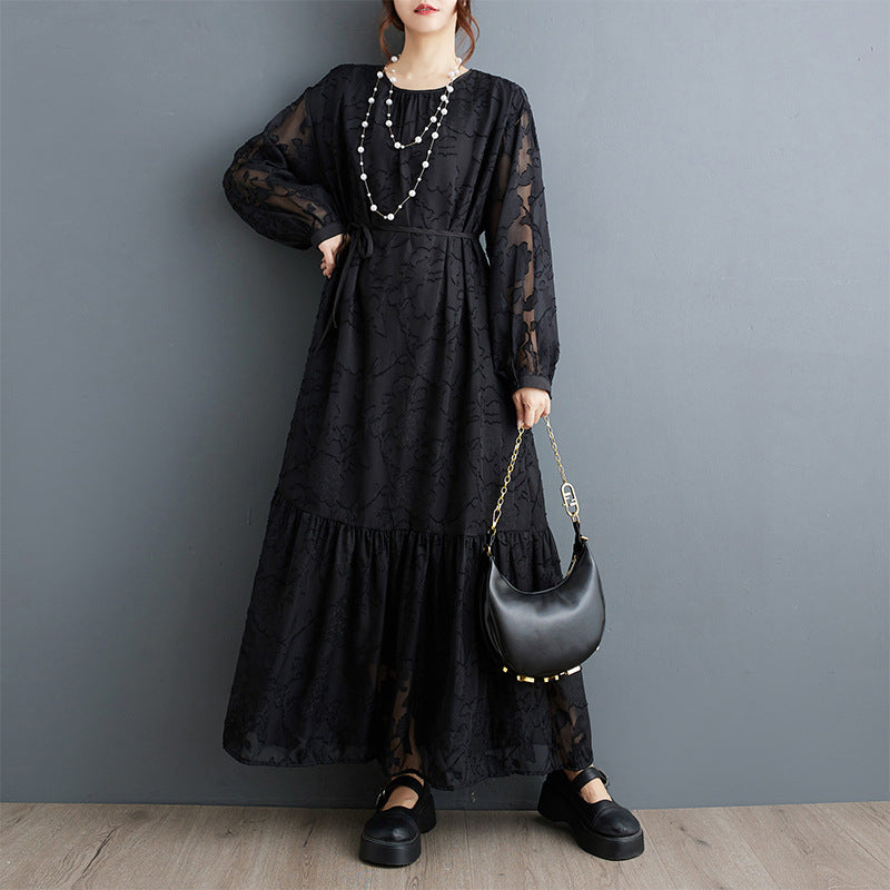 Plus-Size Women's Clothing 2026 Autumn Collection Loose Retro Jacquard Patchwork Lantern Sleeve Elegant Ruffled Double-Layer Dress