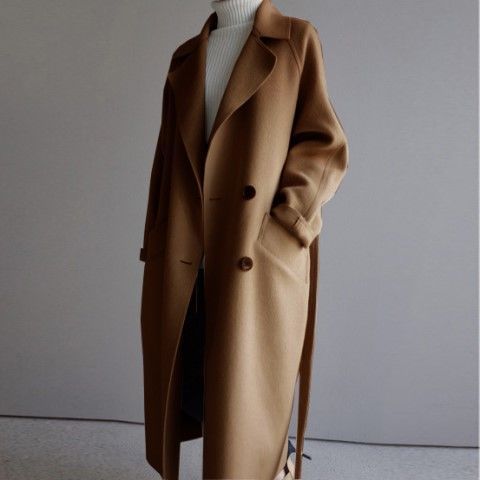 Women's Woolen Coat 2026 Autumn and Winter New Korean Style Long Fashion Loose Over-The-Knee Waist-Cinching Belted Woolen Coat for Women