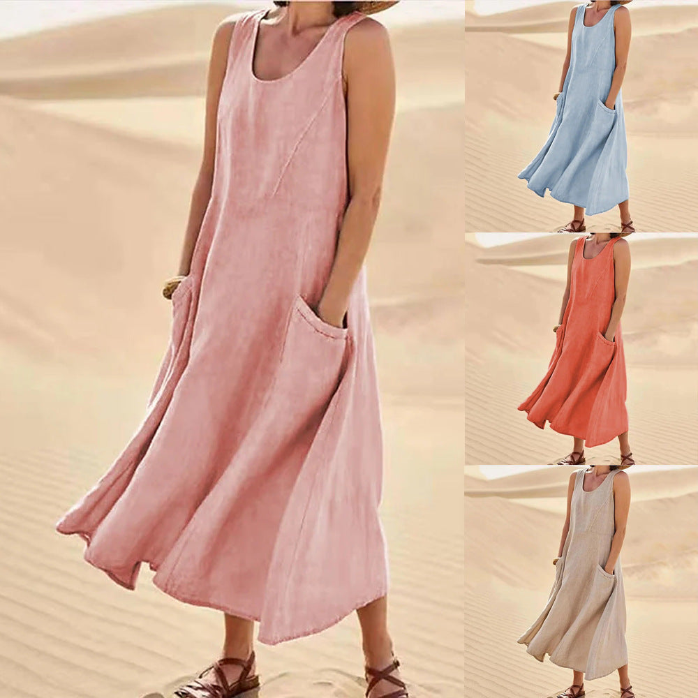 New Product in Stock Wish Aliexpress Amazon Independent Station Sleeveless Plus Flap Pocket Pants Pure Color Cotton and Linen Midi Dress